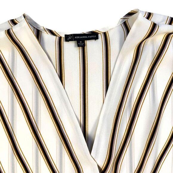 Adrianna Papell Cream Striped V-Neck Wrap Blouse Sz M - Picture 3 of 11